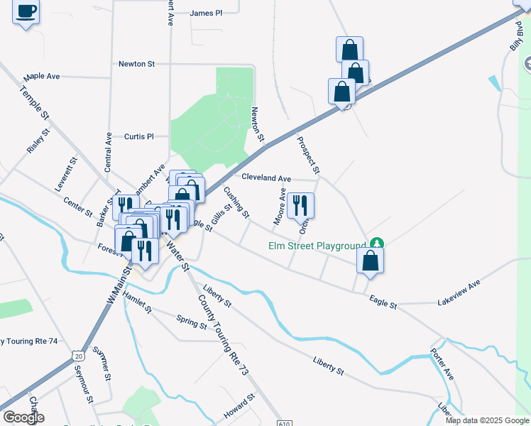 map of restaurants, bars, coffee shops, grocery stores, and more near 27 Moore Avenue in Fredonia