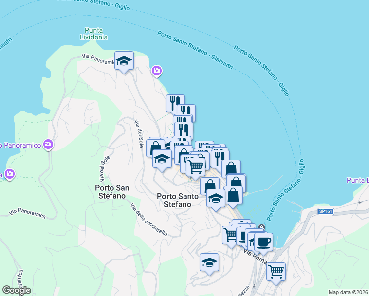map of restaurants, bars, coffee shops, grocery stores, and more near 28 Via del Molo in Porto Santo Stefano
