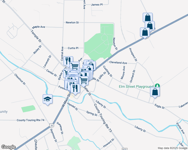 map of restaurants, bars, coffee shops, grocery stores, and more near 51 East Main Street in Fredonia