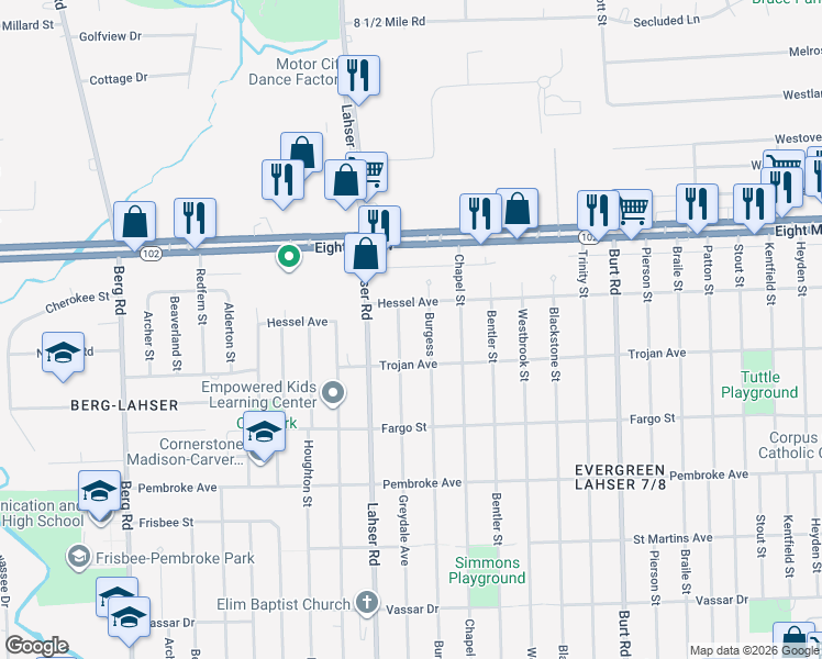map of restaurants, bars, coffee shops, grocery stores, and more near 20266 Greydale Avenue in Detroit