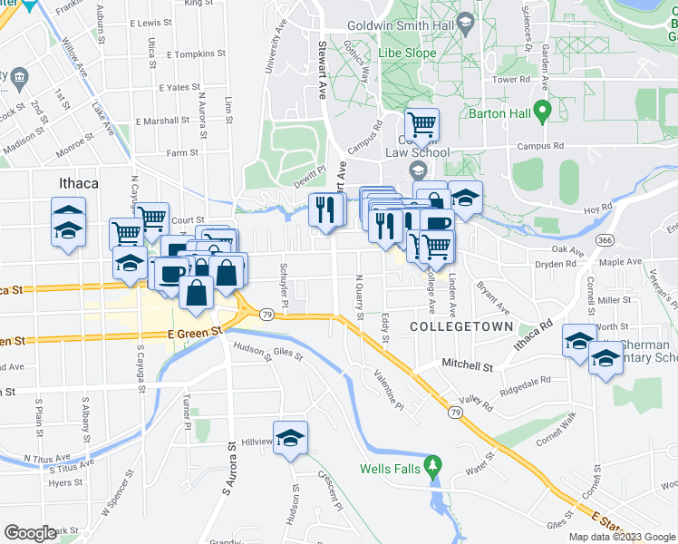 map of restaurants, bars, coffee shops, grocery stores, and more near 201 Stewart Avenue in Ithaca