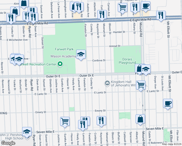map of restaurants, bars, coffee shops, grocery stores, and more near 2955 Outer Drive East in Detroit