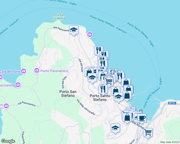 map of restaurants, bars, coffee shops, grocery stores, and more near 271 Via Panoramica in Porto Santo Stefano