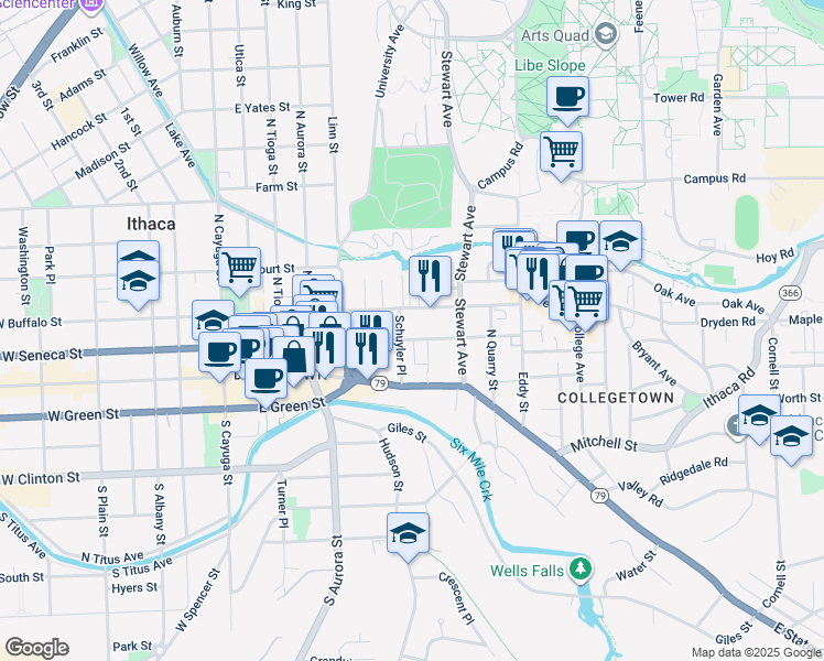 map of restaurants, bars, coffee shops, grocery stores, and more near 512 East Seneca Street in Ithaca