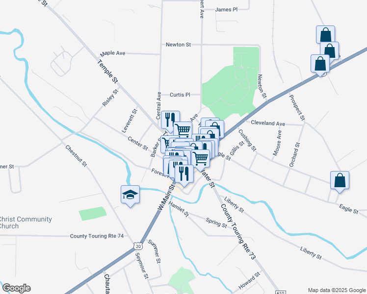 map of restaurants, bars, coffee shops, grocery stores, and more near 11 Church Street in Fredonia