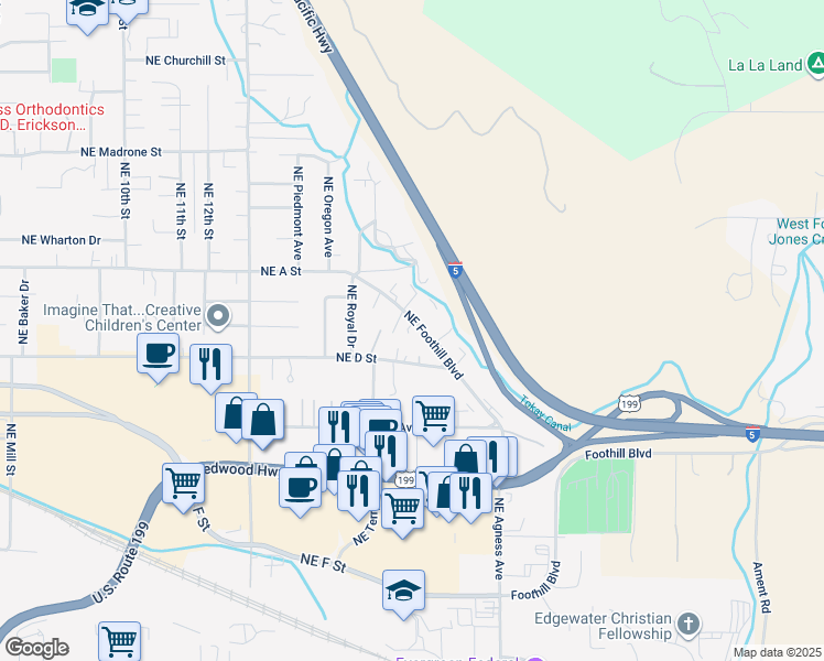 map of restaurants, bars, coffee shops, grocery stores, and more near 1703 Northeast Foothill Boulevard in Grants Pass