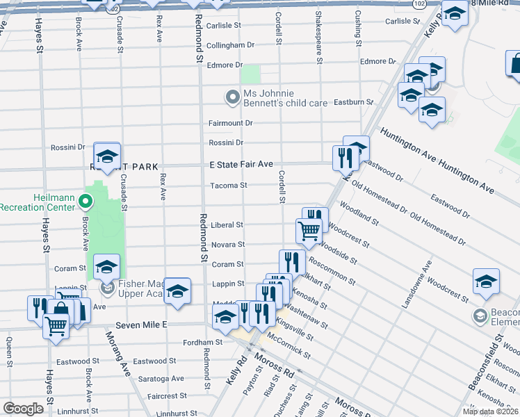 map of restaurants, bars, coffee shops, grocery stores, and more near 16248 Manning Street in Detroit