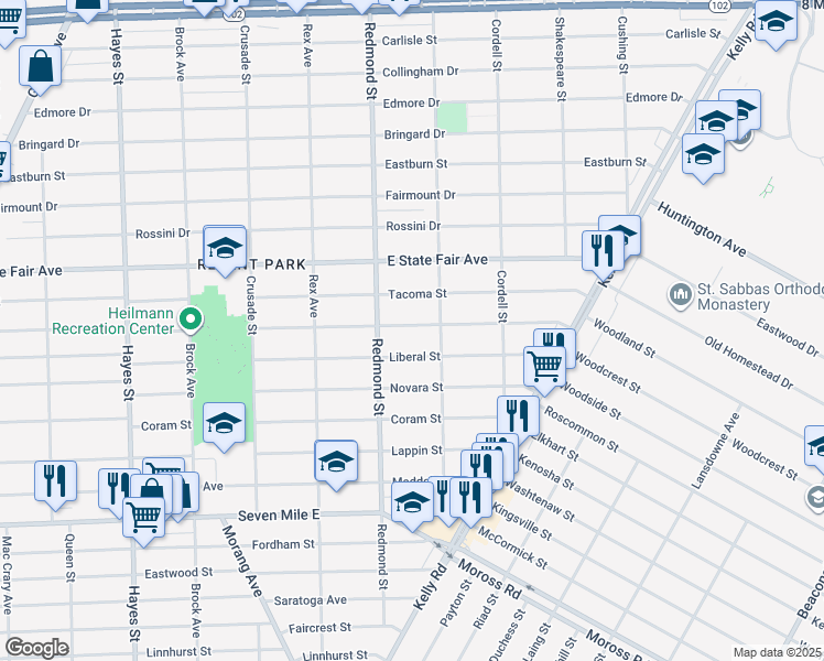 map of restaurants, bars, coffee shops, grocery stores, and more near 16066 Manning Street in Detroit