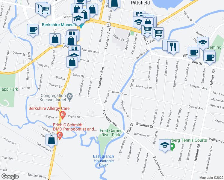 map of restaurants, bars, coffee shops, grocery stores, and more near 87 Howard Street in Pittsfield