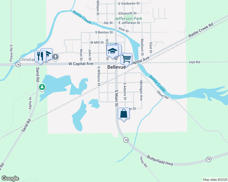 map of restaurants, bars, coffee shops, grocery stores, and more near 331 South Main Street in Bellevue