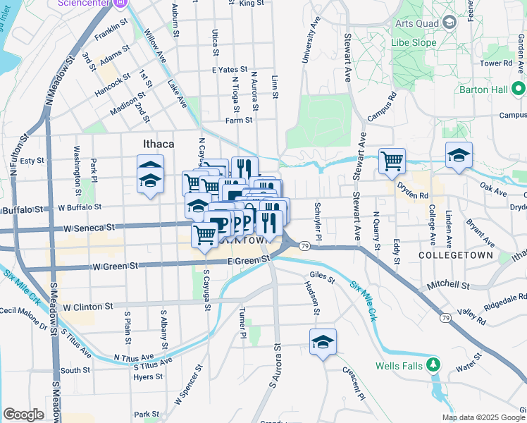 map of restaurants, bars, coffee shops, grocery stores, and more near 217 North Aurora Street in Ithaca