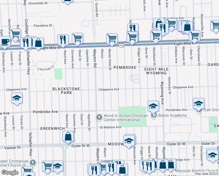 map of restaurants, bars, coffee shops, grocery stores, and more near 20105 Monte Vista Street in Detroit