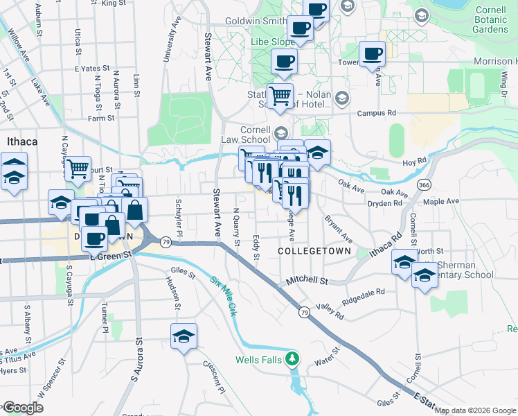 map of restaurants, bars, coffee shops, grocery stores, and more near 301 Eddy Street in Ithaca