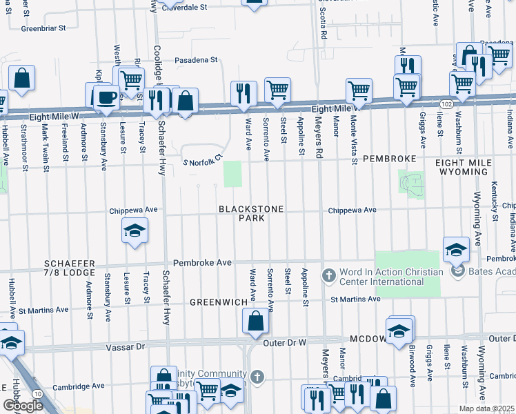 map of restaurants, bars, coffee shops, grocery stores, and more near 20112 Ward Avenue in Detroit