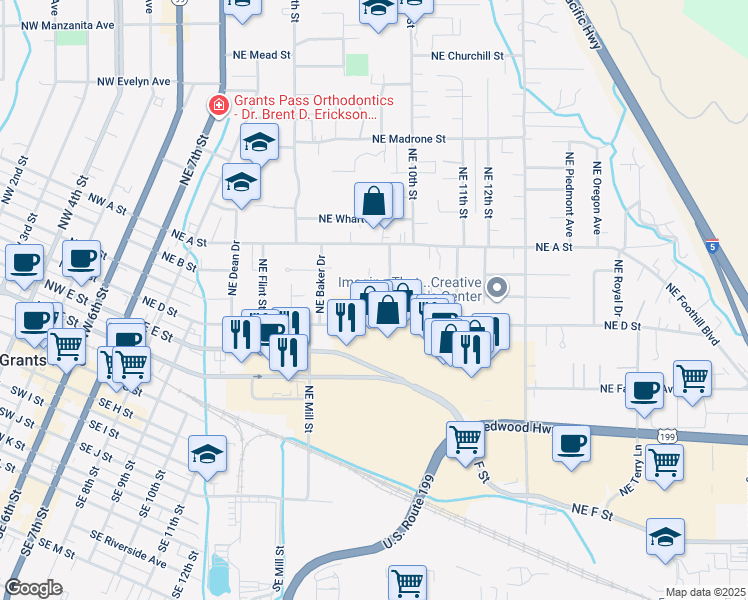 map of restaurants, bars, coffee shops, grocery stores, and more near 410 Northeast Anderson Street in Grants Pass