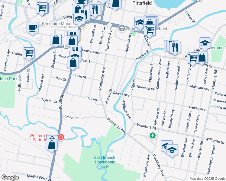 map of restaurants, bars, coffee shops, grocery stores, and more near 87 Howard Street in Pittsfield