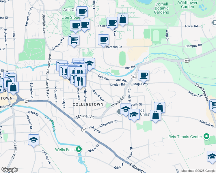 map of restaurants, bars, coffee shops, grocery stores, and more near in Ithaca