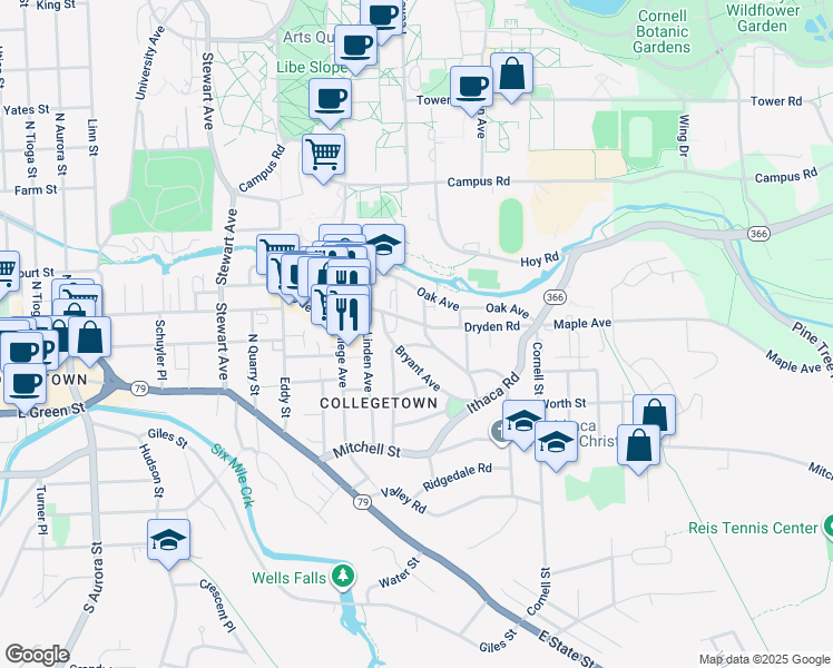 map of restaurants, bars, coffee shops, grocery stores, and more near 320 Elmwood Avenue in Ithaca