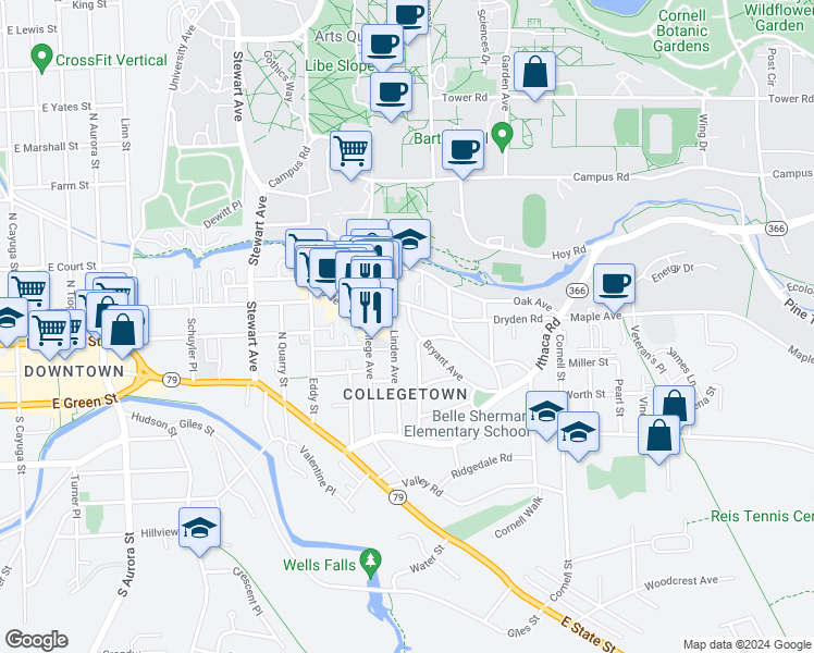map of restaurants, bars, coffee shops, grocery stores, and more near 306 Bryant Avenue in Ithaca