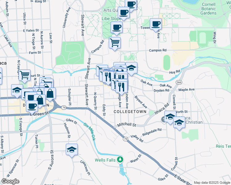 map of restaurants, bars, coffee shops, grocery stores, and more near 111 Dryden Road in Ithaca