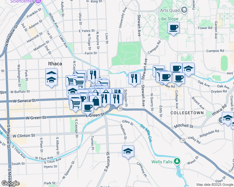 map of restaurants, bars, coffee shops, grocery stores, and more near 109 Parker Street in Ithaca