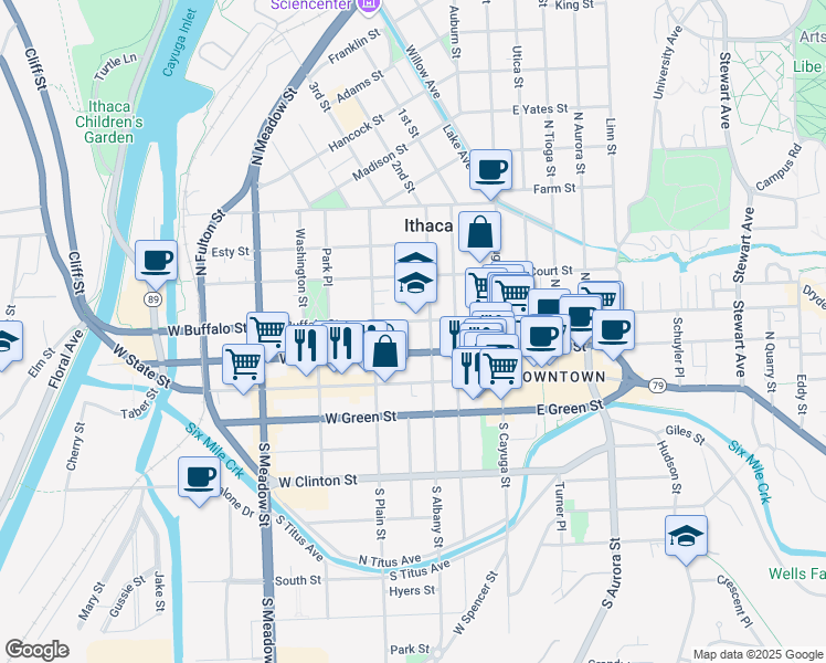 map of restaurants, bars, coffee shops, grocery stores, and more near 315 West Buffalo Street in Ithaca