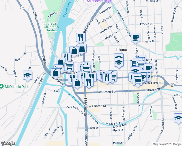 map of restaurants, bars, coffee shops, grocery stores, and more near 517 West Buffalo Street in Ithaca
