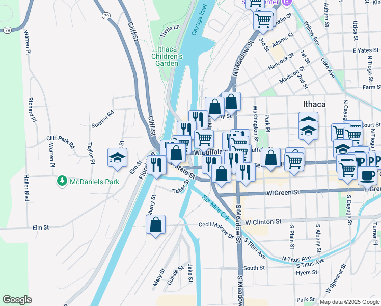 map of restaurants, bars, coffee shops, grocery stores, and more near in Ithaca