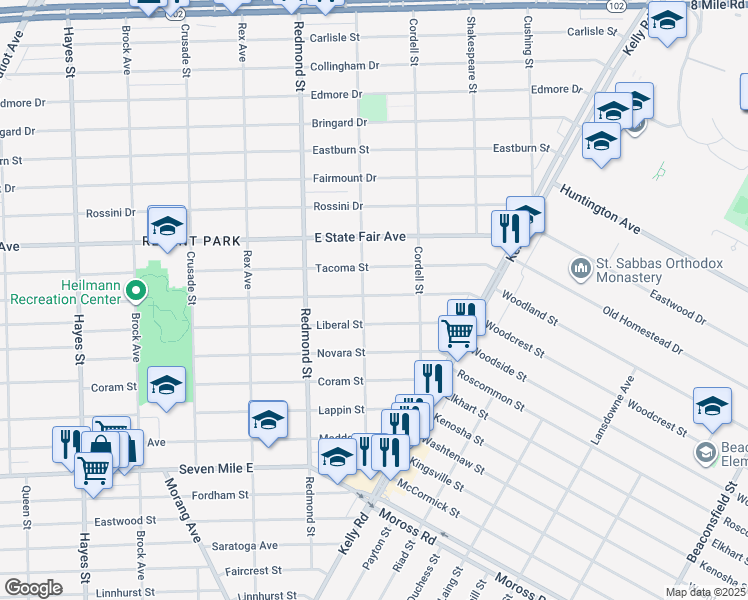 map of restaurants, bars, coffee shops, grocery stores, and more near 16214 Manning Street in Detroit