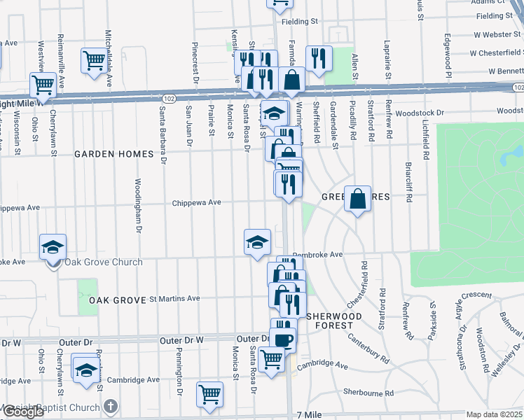 map of restaurants, bars, coffee shops, grocery stores, and more near 20045 Stoepel Street in Detroit