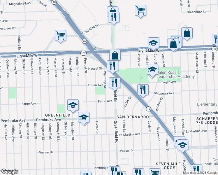 map of restaurants, bars, coffee shops, grocery stores, and more near 20171 Greenfield Road in Detroit