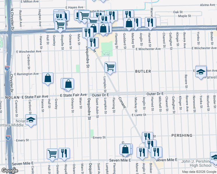 map of restaurants, bars, coffee shops, grocery stores, and more near 19946 Lumpkin Street in Detroit