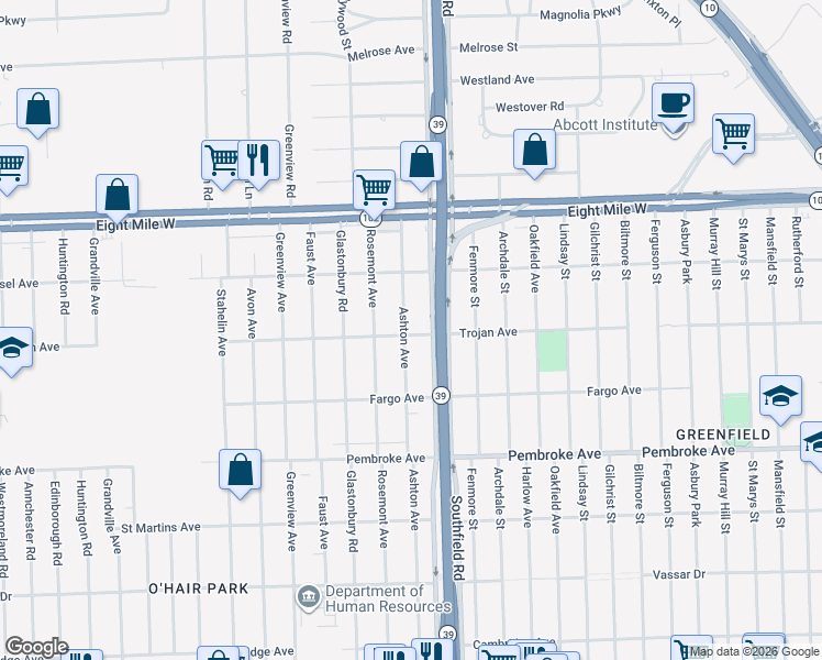 map of restaurants, bars, coffee shops, grocery stores, and more near 20211 Ashton Avenue in Detroit