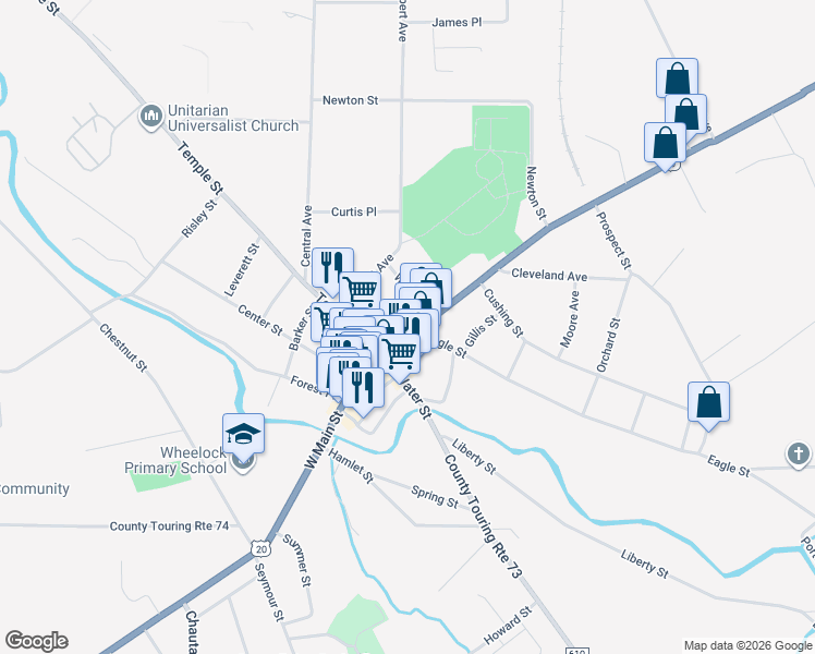 map of restaurants, bars, coffee shops, grocery stores, and more near 32 East Main Street in Fredonia
