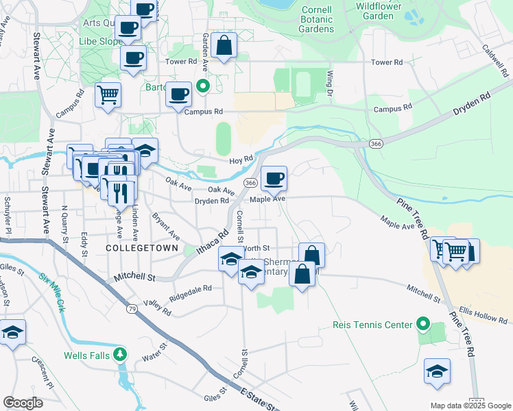 map of restaurants, bars, coffee shops, grocery stores, and more near 54 Fairview Square in Ithaca