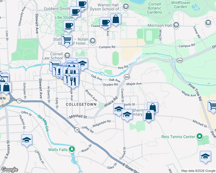 map of restaurants, bars, coffee shops, grocery stores, and more near 413 Dryden Road in Ithaca