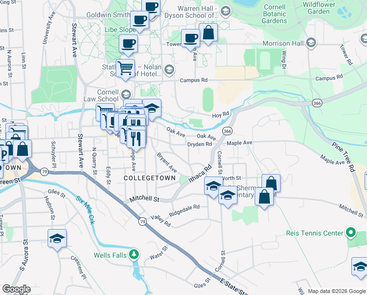 map of restaurants, bars, coffee shops, grocery stores, and more near 413 Dryden Road in Ithaca