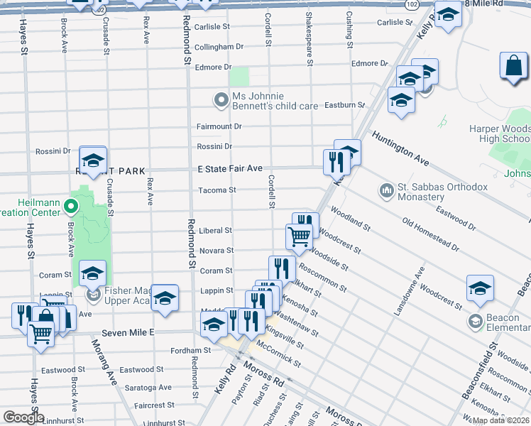 map of restaurants, bars, coffee shops, grocery stores, and more near 16300 Manning Avenue in Detroit
