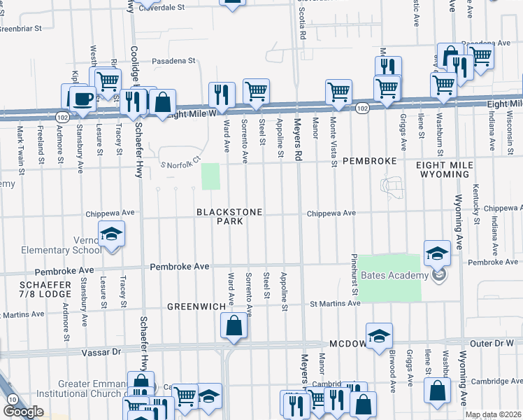 map of restaurants, bars, coffee shops, grocery stores, and more near 20113 Steel Street in Detroit