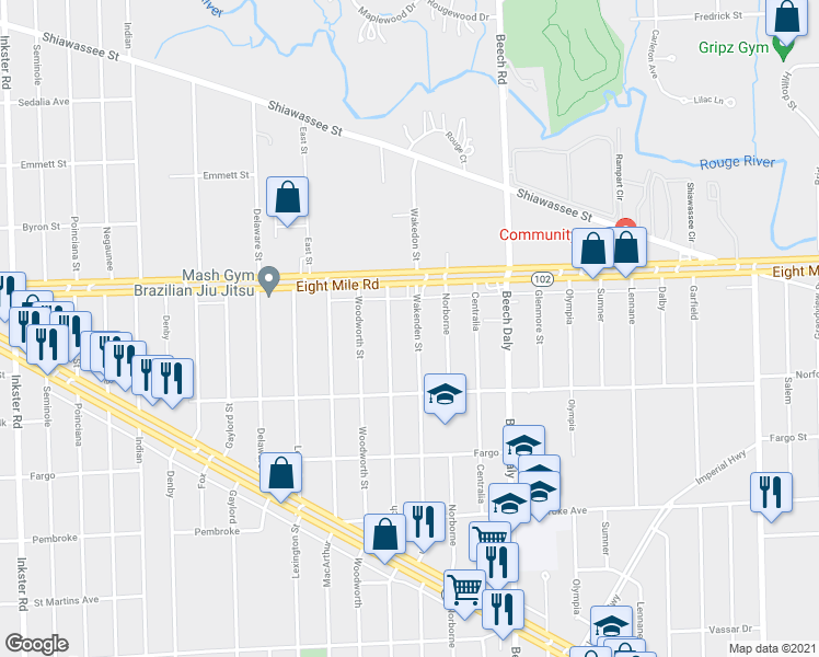 map of restaurants, bars, coffee shops, grocery stores, and more near 20501 Wakenden in Redford Charter Township