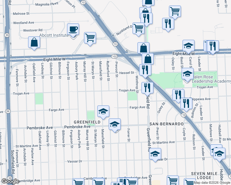 map of restaurants, bars, coffee shops, grocery stores, and more near 20111 Prevost Street in Detroit