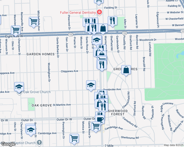 map of restaurants, bars, coffee shops, grocery stores, and more near 20045 Stoepel Street in Detroit