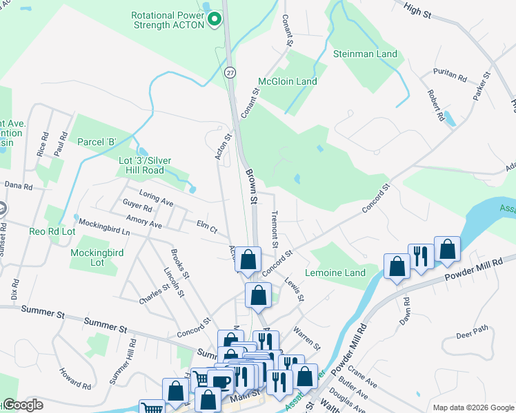 map of restaurants, bars, coffee shops, grocery stores, and more near 37 Massachusetts 27 in Maynard