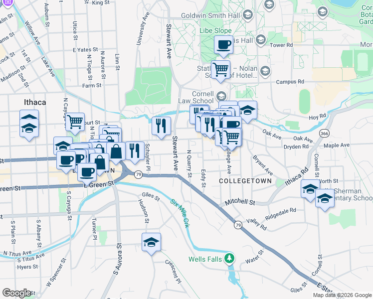 map of restaurants, bars, coffee shops, grocery stores, and more near 710 East Seneca Street in Ithaca