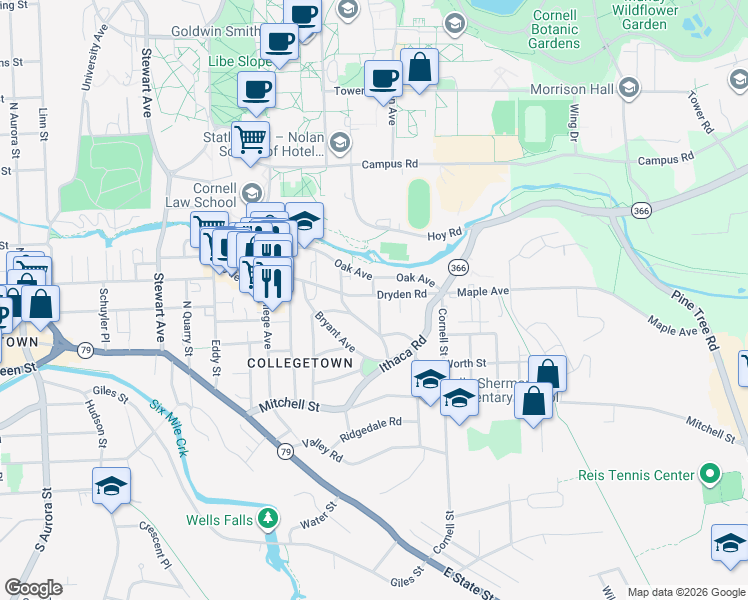 map of restaurants, bars, coffee shops, grocery stores, and more near 413 Dryden Road in Ithaca