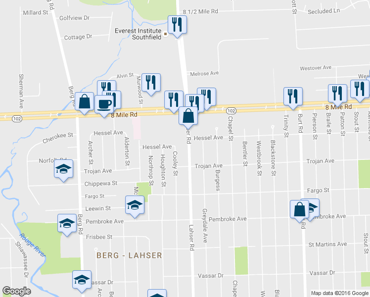 map of restaurants, bars, coffee shops, grocery stores, and more near 20271 Lahser Road in Detroit