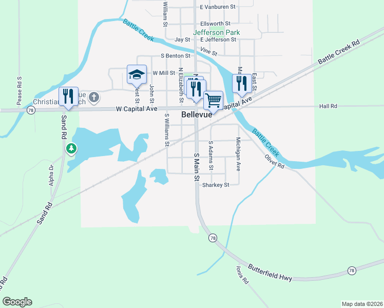 map of restaurants, bars, coffee shops, grocery stores, and more near 331 South Main Street in Bellevue