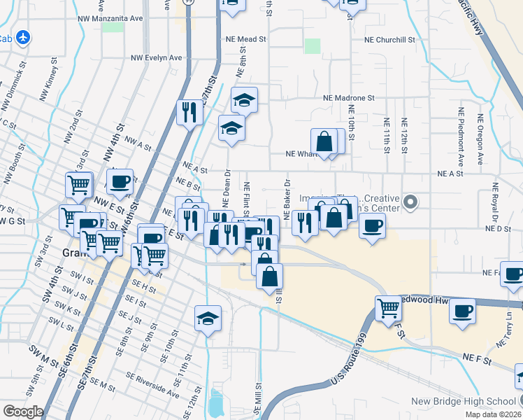 map of restaurants, bars, coffee shops, grocery stores, and more near 418 Northeast Candy Lane in Grants Pass