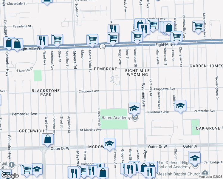 map of restaurants, bars, coffee shops, grocery stores, and more near 20103 Birwood Street in Detroit