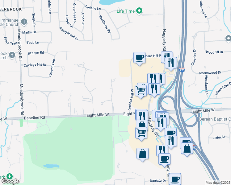 map of restaurants, bars, coffee shops, grocery stores, and more near 20880 Turnberry Boulevard in Northville